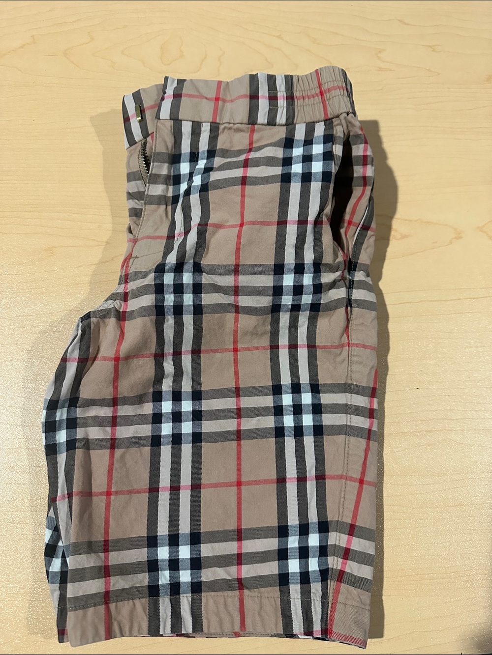 Burberry Tan Plaid Elastic-Waist Kids Shorts with Red Accents